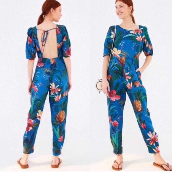 Anthropologie Pants - Anthro Farm Rio Blue Jungle Floral Linen Jumpsuit
